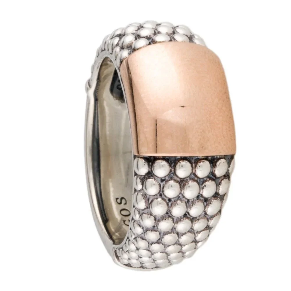 LAGOS TWO-TONE 18K ROSE GOLD & STERLING SILVER CAVIAR HIGH BAR RING - Picture 4 of 9